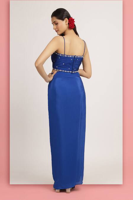 Buy_Bha Sha_Blue Denim, Crepe Bahar Embroidered Kaftan Style Cape And Draped Skirt Set 