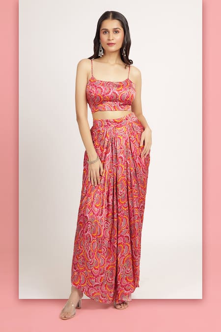 Bha sha Bella Tamarind Printed Draped Skirt With Bustier 