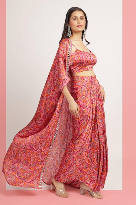 Shop_Bha Sha_Magenta Modal, Bella Tamarind Printed Kaftan Style Cape And Draped Skirt Set _Online_at_Aza_Fashions