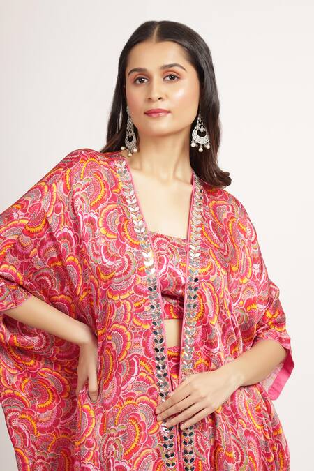 Bha Sha_Magenta Modal, Bella Tamarind Printed Kaftan Style Cape And Draped Skirt Set _at_Aza_Fashions