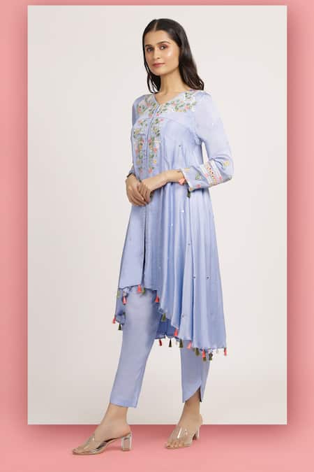 Buy_Bha Sha_Purple Modal, Silk Embroidery V-neck Devyani Resham Tunic With Pant _Online_at_Aza_Fashions