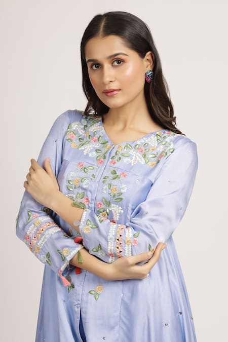 Shop_Bha Sha_Purple Modal, Silk Embroidery V-neck Devyani Resham Tunic With Pant _Online_at_Aza_Fashions