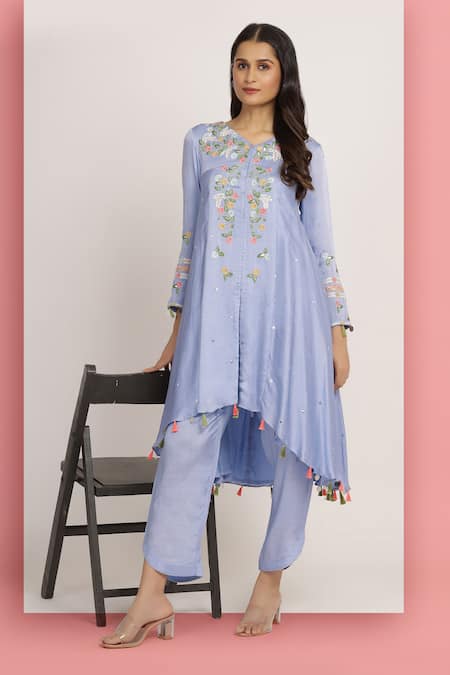 Bha Sha_Purple Modal, Silk Embroidery V-neck Devyani Resham Tunic With Pant _at_Aza_Fashions