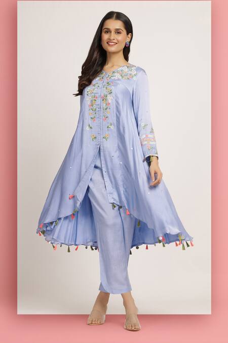 Buy_Bha Sha_Purple Modal, Silk Embroidery V-neck Devyani Resham Tunic With Pant 