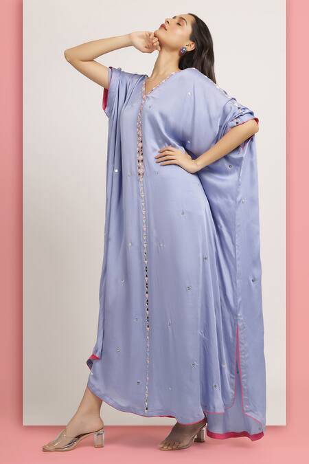 Buy_Bha Sha_Purple Modal, Satin, Linen Mirrors, Gayatri Embroidered Side Slit Kaftan _Online_at_Aza_Fashions