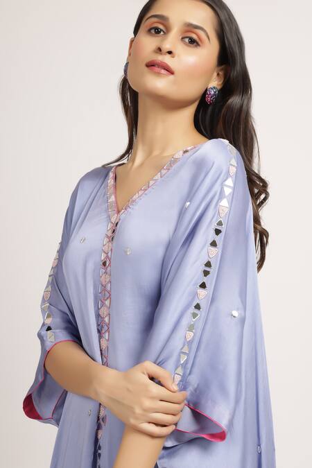 Shop_Bha Sha_Purple Modal, Satin, Linen Mirrors, Gayatri Embroidered Side Slit Kaftan _Online_at_Aza_Fashions