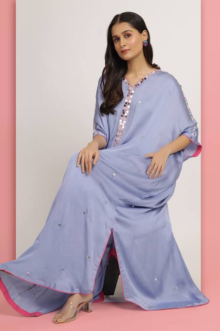 Bha Sha_Purple Modal, Satin, Linen Mirrors, Gayatri Embroidered Side Slit Kaftan _at_Aza_Fashions