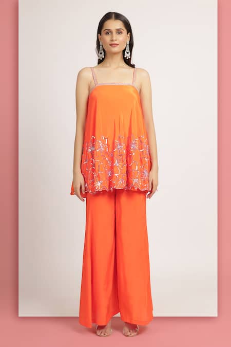 Bha Sha_Orange Crepe, Linen Sequins, Stones Hridiya Embroidered Flared Tunic With Pant _Online_at_Aza_Fashions
