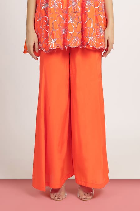 Buy_Bha Sha_Orange Crepe, Linen Sequins, Stones Hridiya Embroidered Flared Tunic With Pant _Online_at_Aza_Fashions