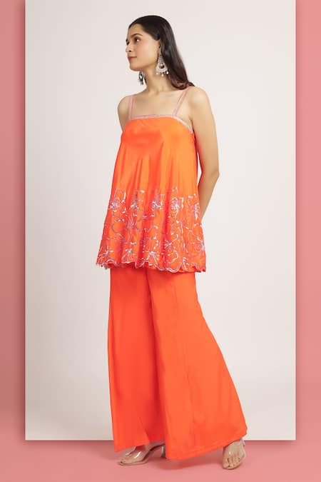 Shop_Bha Sha_Orange Crepe, Linen Sequins, Stones Hridiya Embroidered Flared Tunic With Pant _Online_at_Aza_Fashions