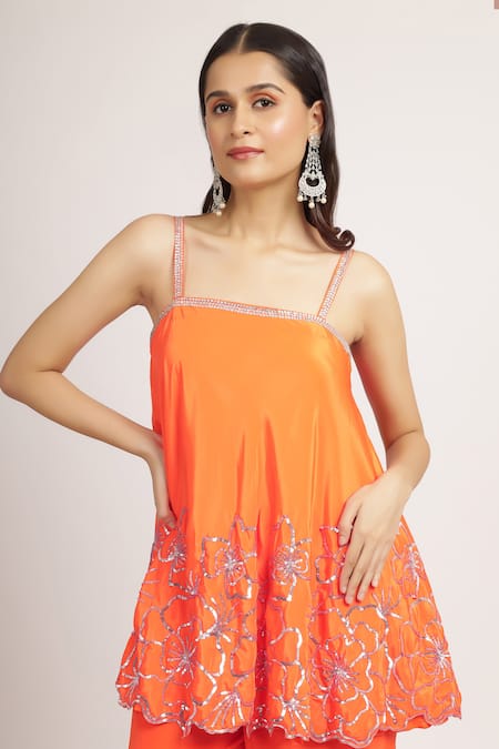 Bha Sha_Orange Crepe, Linen Sequins, Stones Hridiya Embroidered Flared Tunic With Pant _at_Aza_Fashions