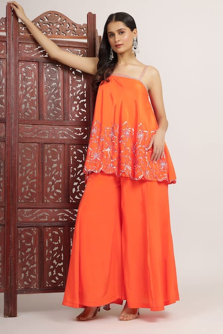 Bha sha Orange Crepe Embroidery Floral Square Hridiya Sequin Flared Tunic With Pant 