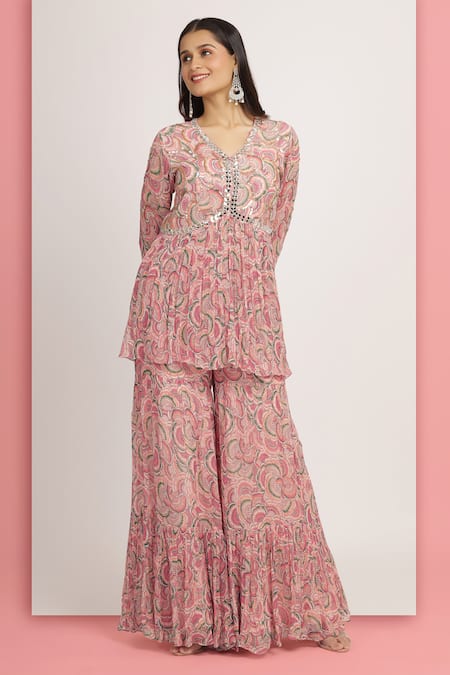 Bha Sha_Pink Georgette, Net, Satin Mallika Tamarind Printed Peplum Tunic And Sharara Set _Online_at_Aza_Fashions