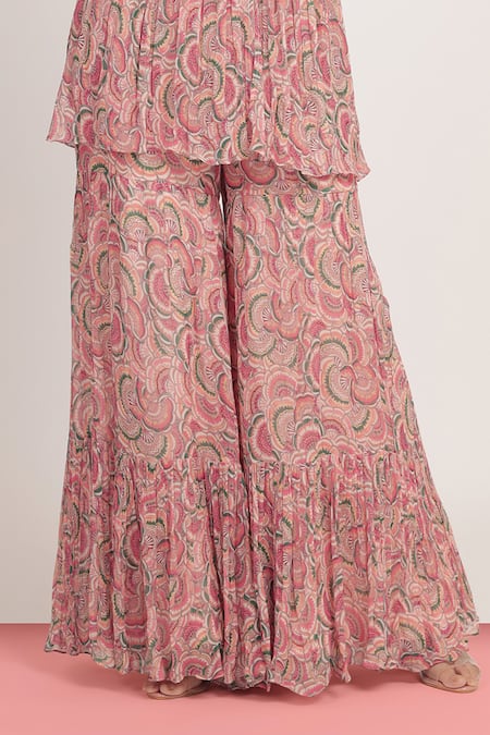 Buy_Bha Sha_Pink Georgette, Net, Satin Mallika Tamarind Printed Peplum Tunic And Sharara Set _Online_at_Aza_Fashions