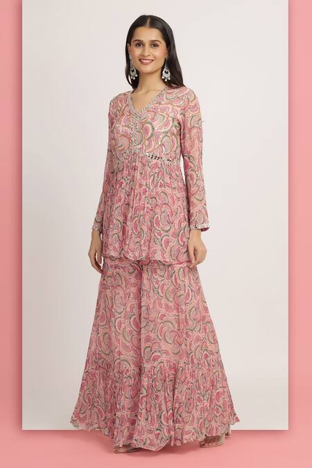 Shop_Bha Sha_Pink Georgette, Net, Satin Mallika Tamarind Printed Peplum Tunic And Sharara Set _Online_at_Aza_Fashions