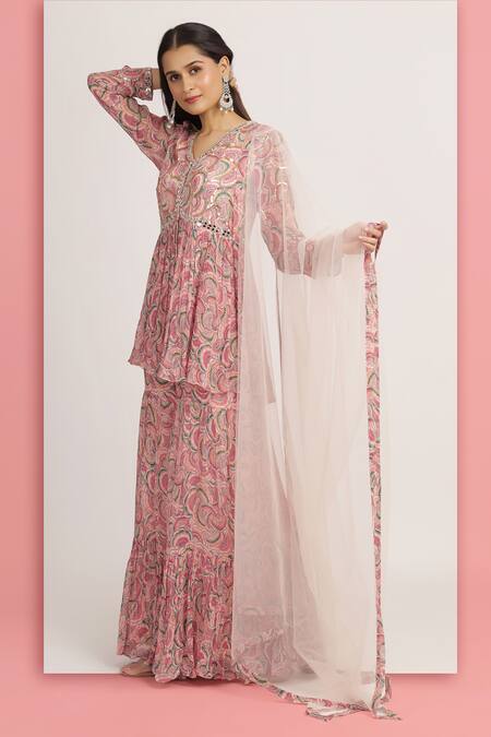 Bha Sha_Pink Georgette, Net, Satin Mallika Tamarind Printed Peplum Tunic And Sharara Set _at_Aza_Fashions