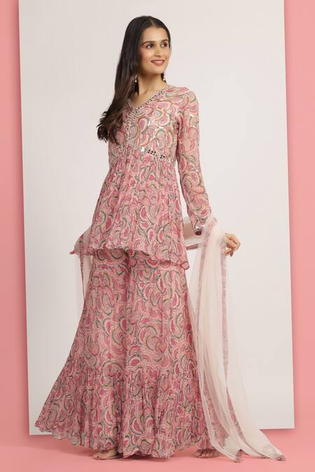 Buy_Bha Sha_Pink Georgette, Net, Satin Mallika Tamarind Printed Peplum Tunic And Sharara Set 