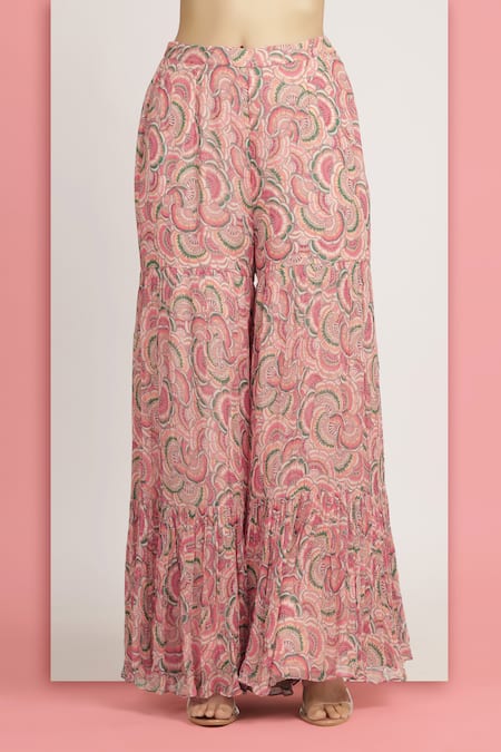 Shop_Bha Sha_Pink Georgette, Net, Satin Mallika Tamarind Printed Peplum Tunic And Sharara Set 