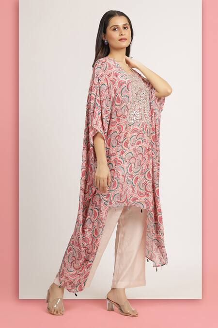 Bha Sha_Pink Crepe, Satin Mirrors, Masoom Tamarind Print Asymmetric Kaftan With Pant _Online_at_Aza_Fashions