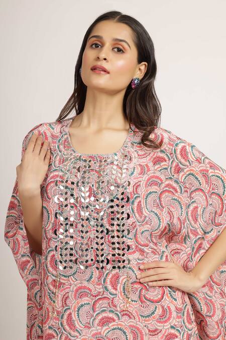 Buy_Bha Sha_Pink Crepe, Satin Mirrors, Masoom Tamarind Print Asymmetric Kaftan With Pant _Online_at_Aza_Fashions