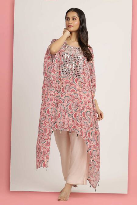 Shop_Bha Sha_Pink Crepe, Satin Mirrors, Masoom Tamarind Print Asymmetric Kaftan With Pant _Online_at_Aza_Fashions