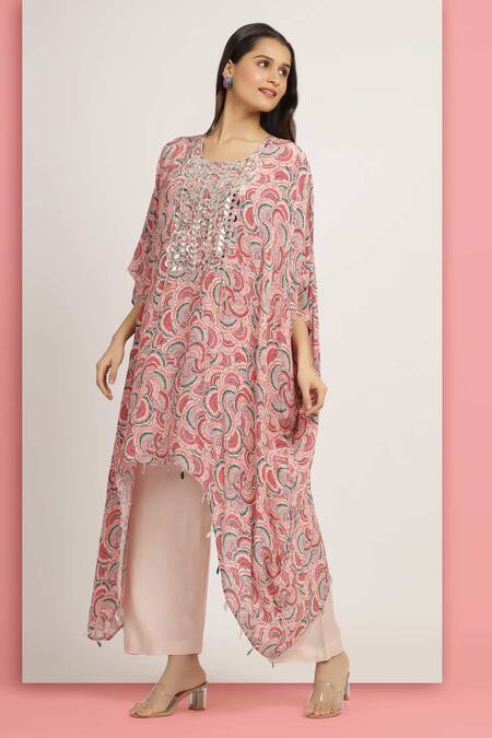 Bha Sha_Pink Crepe, Satin Mirrors, Masoom Tamarind Print Asymmetric Kaftan With Pant _at_Aza_Fashions