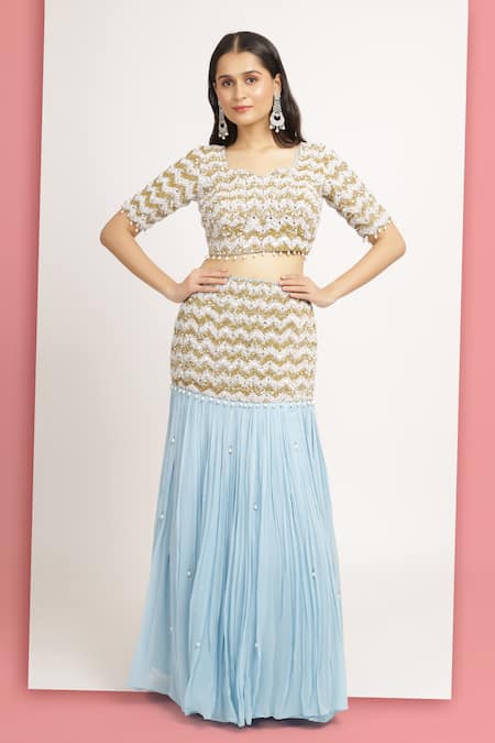 Bha Sha_Blue Denim, Net, Georgette Mishika Chevron Embroidered Fishcut Lehenga Set _Online_at_Aza_Fashions