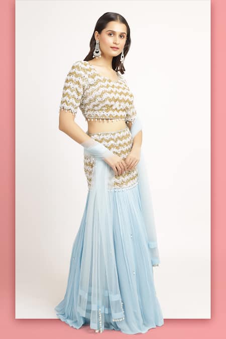 Buy_Bha Sha_Blue Denim, Net, Georgette Mishika Chevron Embroidered Fishcut Lehenga Set _Online_at_Aza_Fashions