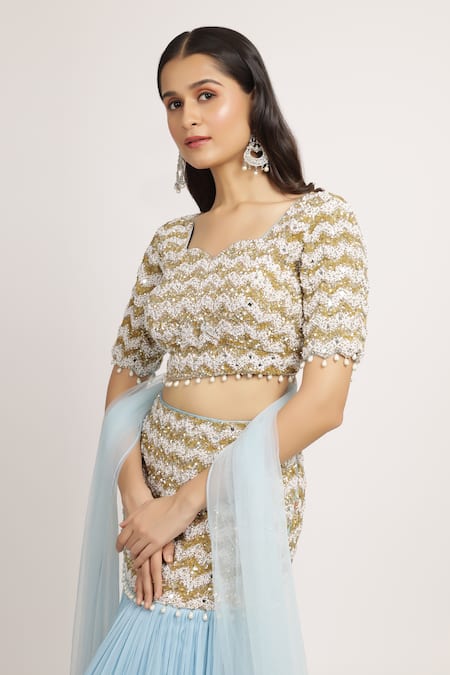 Shop_Bha Sha_Blue Denim, Net, Georgette Mishika Chevron Embroidered Fishcut Lehenga Set _Online_at_Aza_Fashions