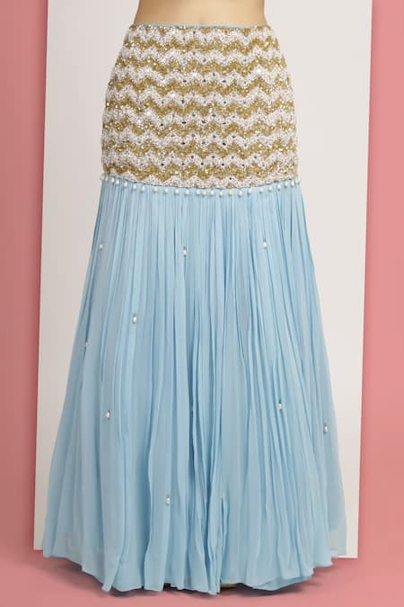 Bha Sha_Blue Denim, Net, Georgette Mishika Chevron Embroidered Fishcut Lehenga Set _at_Aza_Fashions