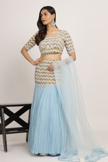 Buy_Bha Sha_Blue Denim, Net, Georgette Mishika Chevron Embroidered Fishcut Lehenga Set 