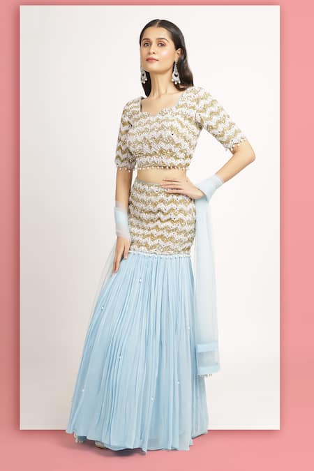 Bha sha Mishika Chevron Embroidered Fishcut Lehenga Set 