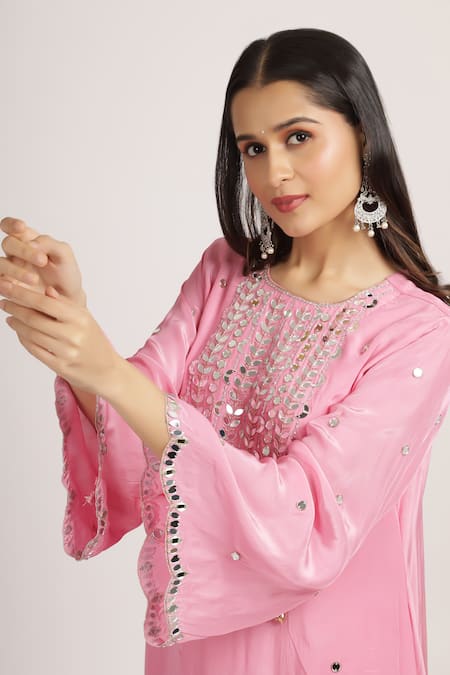 Buy_Bha Sha_Pink Crepe Mirrors, Sequins, Crystals Rakhi Embroidered A-line Kurta With Pant _Online_at_Aza_Fashions