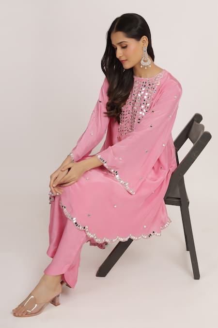 Shop_Bha Sha_Pink Crepe Mirrors, Sequins, Crystals Rakhi Embroidered A-line Kurta With Pant _Online_at_Aza_Fashions