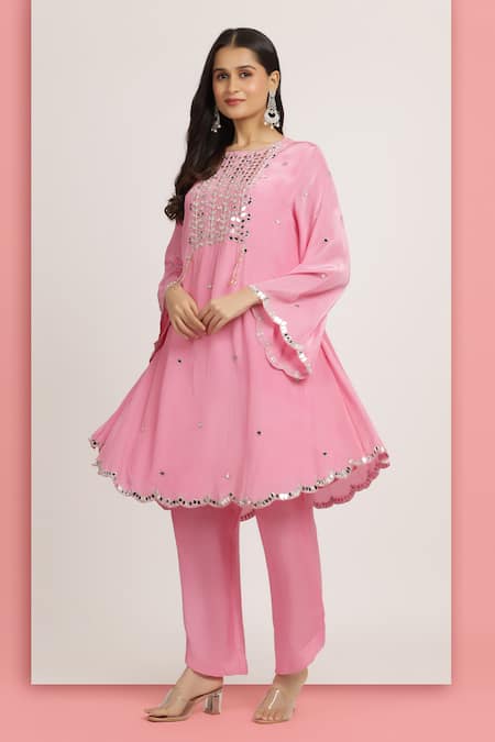 Bha Sha_Pink Crepe Mirrors, Sequins, Crystals Rakhi Embroidered A-line Kurta With Pant _at_Aza_Fashions