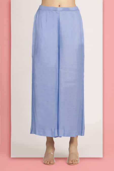 Bha Sha_Blue Georgette, Satin Rashi Mirror Embroidered Ruffle Hem Kurta With Pant _Online_at_Aza_Fashions