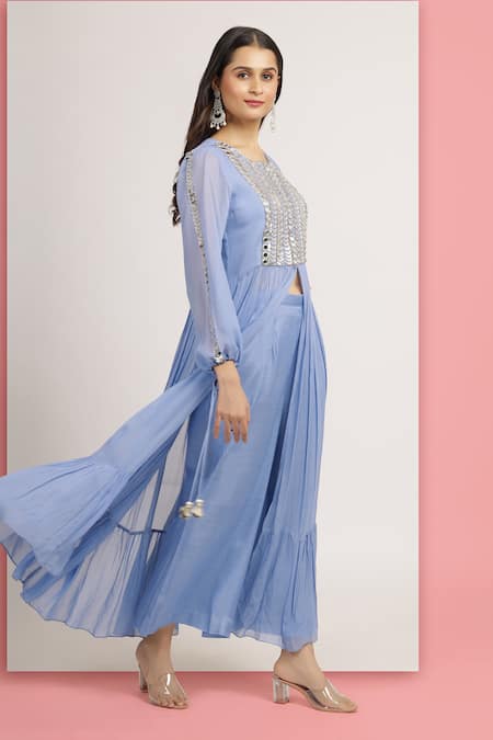 Shop_Bha Sha_Blue Georgette, Satin Rashi Mirror Embroidered Ruffle Hem Kurta With Pant _Online_at_Aza_Fashions
