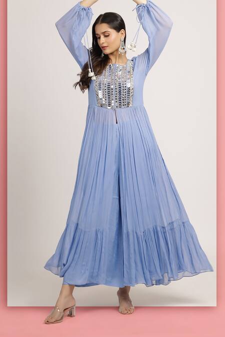 Shop_Bha Sha_Blue Georgette, Satin Rashi Mirror Embroidered Ruffle Hem Kurta With Pant 