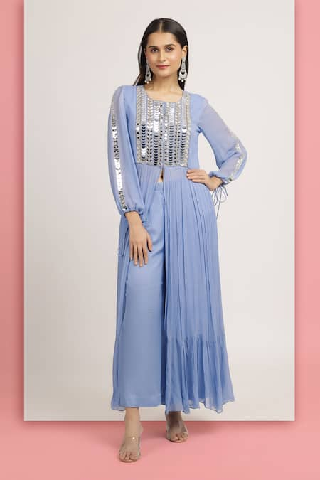 Bha sha Blue Kurta Georgette Embroidery Mirror Round Rashi Ruffle Hem With Pant 