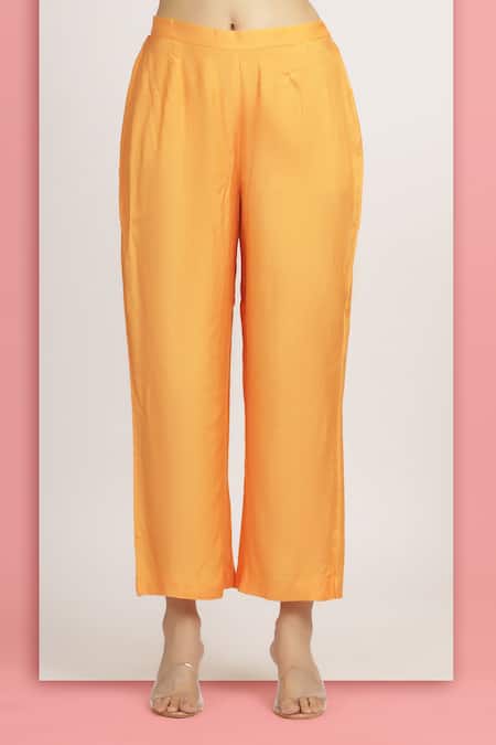 Bha Sha_Orange Crepe, Satin Mirrors, Embroidery Shaheen Resham High Low Tunic With Pant _Online_at_Aza_Fashions