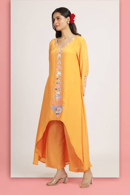 Buy_Bha Sha_Orange Crepe, Satin Mirrors, Embroidery Shaheen Resham High Low Tunic With Pant _Online_at_Aza_Fashions