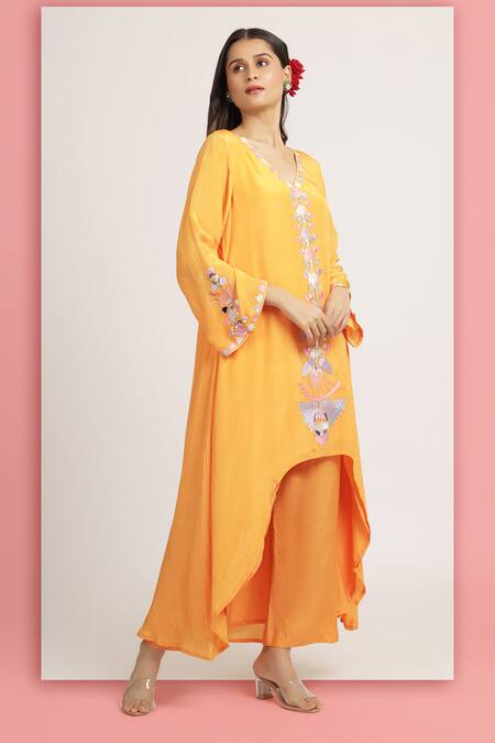 Shop_Bha Sha_Orange Crepe, Satin Mirrors, Embroidery Shaheen Resham High Low Tunic With Pant _Online_at_Aza_Fashions