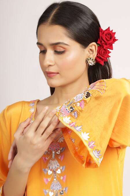 Bha Sha_Orange Crepe, Satin Mirrors, Embroidery Shaheen Resham High Low Tunic With Pant _at_Aza_Fashions