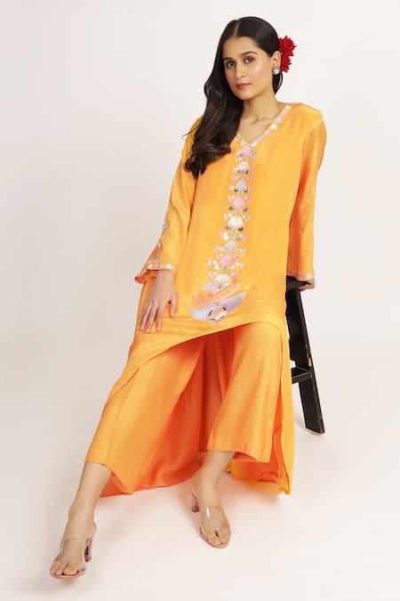 Buy_Bha Sha_Orange Crepe, Satin Mirrors, Embroidery Shaheen Resham High Low Tunic With Pant 