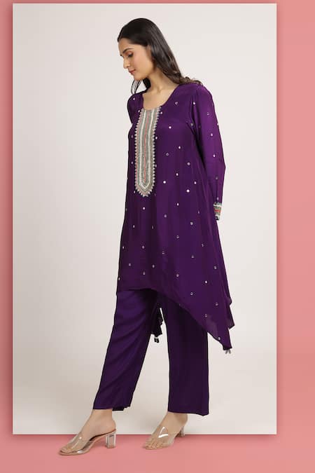 Bha Sha_Purple Crepe, Pashmina Stones, Zainab Embroidered High Low Tunic With Pant _Online_at_Aza_Fashions