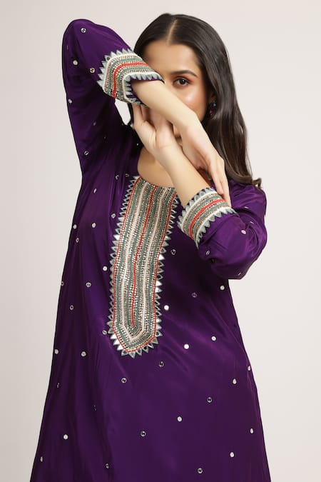 Buy_Bha Sha_Purple Crepe, Pashmina Stones, Zainab Embroidered High Low Tunic With Pant _Online_at_Aza_Fashions