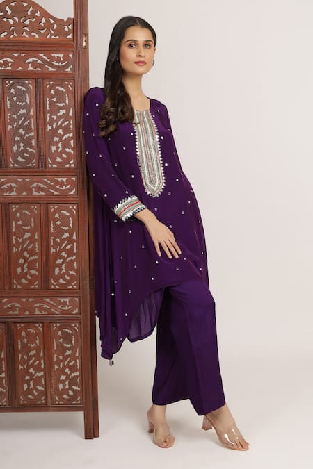 Shop_Bha Sha_Purple Crepe, Pashmina Stones, Zainab Embroidered High Low Tunic With Pant _Online_at_Aza_Fashions
