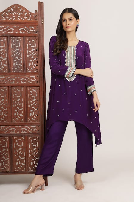 Bha Sha_Purple Crepe, Pashmina Stones, Zainab Embroidered High Low Tunic With Pant _at_Aza_Fashions