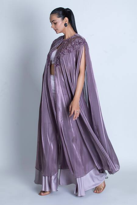 Oru Pret_Purple Tulle, Satin Sequins Sweetheart Neck, Hand Embroidered Cape And Pant Set _Online_at_Aza_Fashions