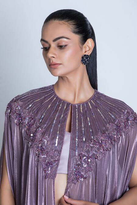 Buy_Oru Pret_Purple Tulle, Satin Sequins Sweetheart Neck, Hand Embroidered Cape And Pant Set _Online_at_Aza_Fashions